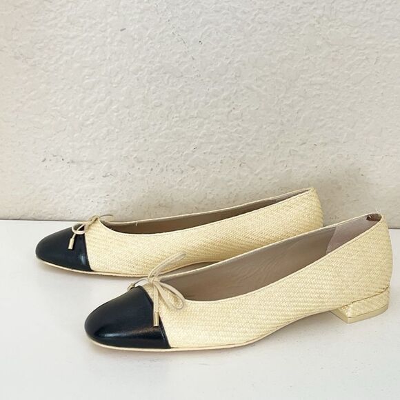 Stuart Weitzman Sleek Bow rounded toe black ballet Flats with natural raffia 8.5 - Picture 6 of 17